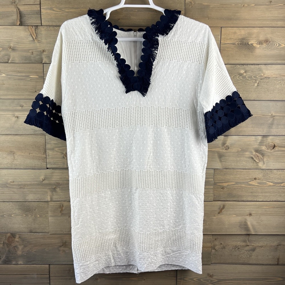 Belle Badgley Mischka Womens Dress Short Sleeve Vneck Fringe‎ Trim White Navy 10